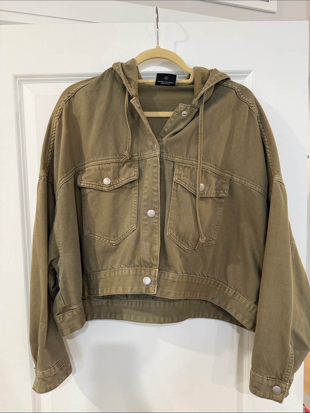 Cropped Olive Hooded Denim Utility Jacket